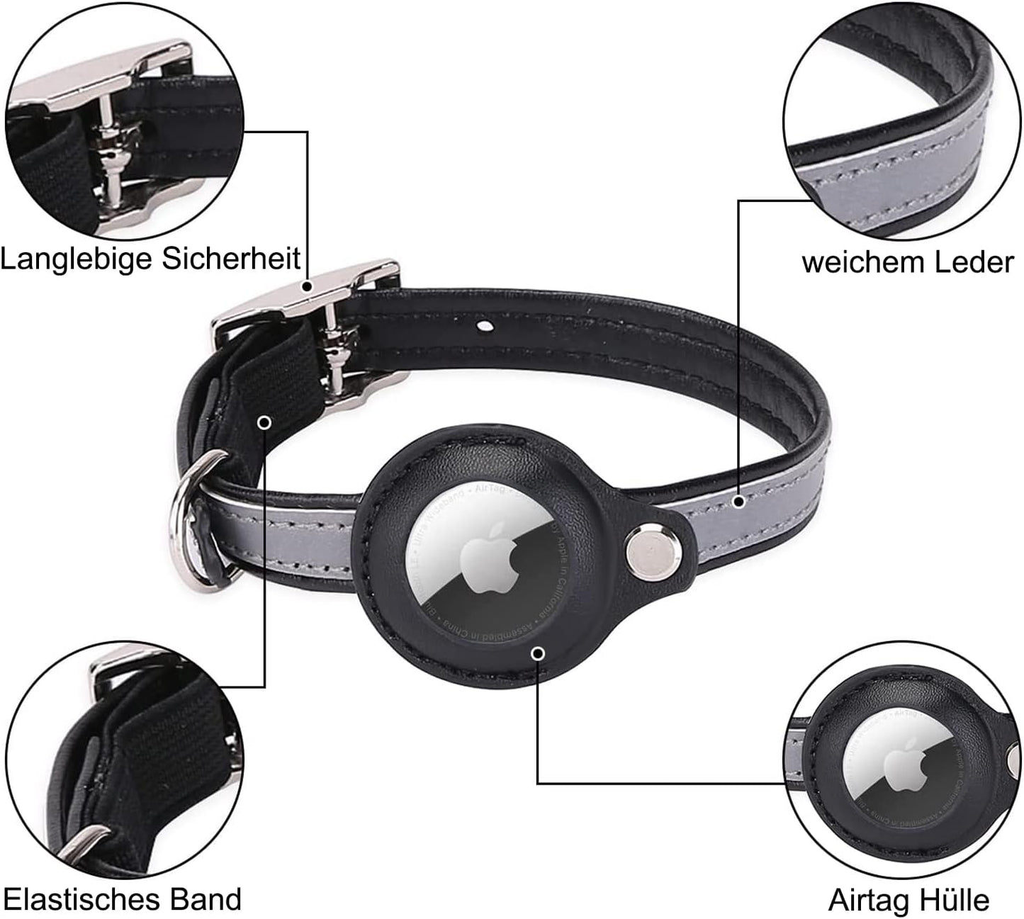 Leather Airtag Cat Collar with Reflective Strip