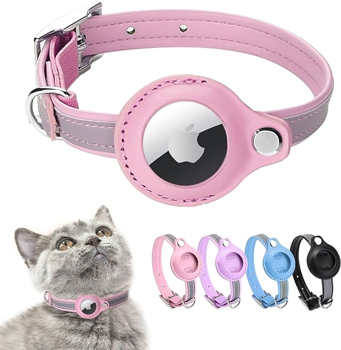Leather Airtag Cat Collar with Reflective Strip