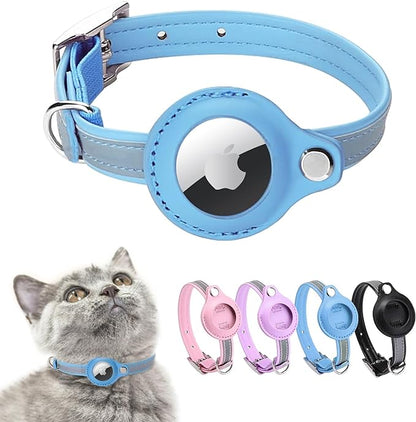 Leather Airtag Cat Collar with Reflective Strip