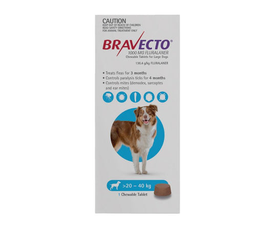 BRAVECTO LARGE DOG BLUE 1000MG >20-40KG (1 Chewable Tablet