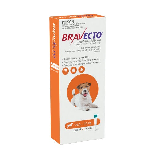 BRAVECTO DOG SPOT ON 250MG ORANGE >4.5-10KG (1 Chewable Tablet)