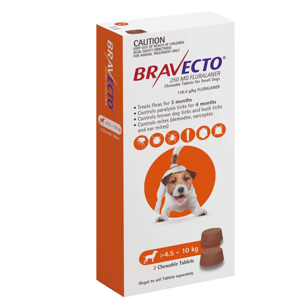 BRAVECTO SMALL DOG ORANGE 250MG >4.5-10KG (2 Chewable Tablets)