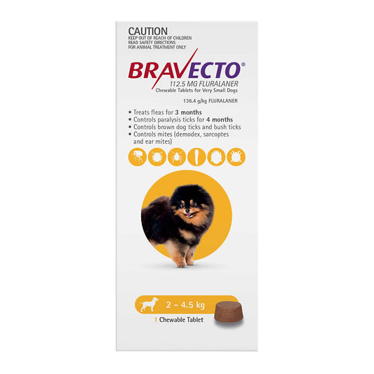 BRAVECTO VERY SMALL DOG YELLOW 112.5MG 2-4.5KG Chewable Tablets