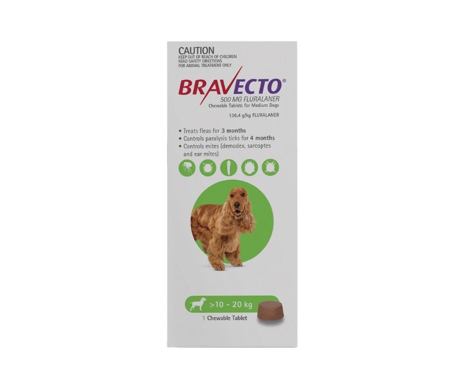 BRAVECTO MEDIUM GREEN DOG 500MG >10-20KG (2 Chewable Tablets)