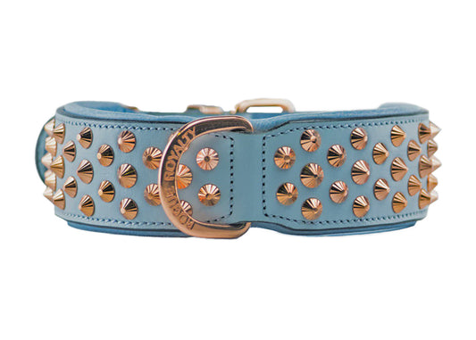 Hand Made Leather Dog Collar - Imperial Baby Blue & Rose Gold (Wide Fit)