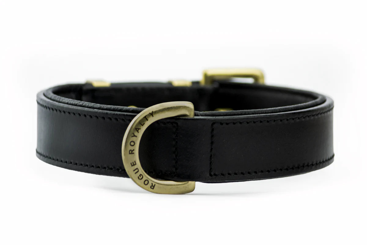 Hand Made Leather Dog Collar - Classic Black & Brass (Regular Fit)