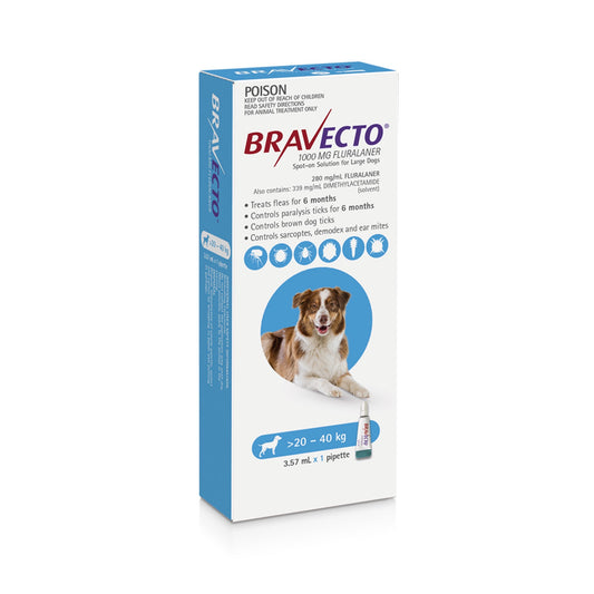BRAVECTO DOG SPOT ON 1000MG BLUE >20-40KG (1 Chewable Tablet)