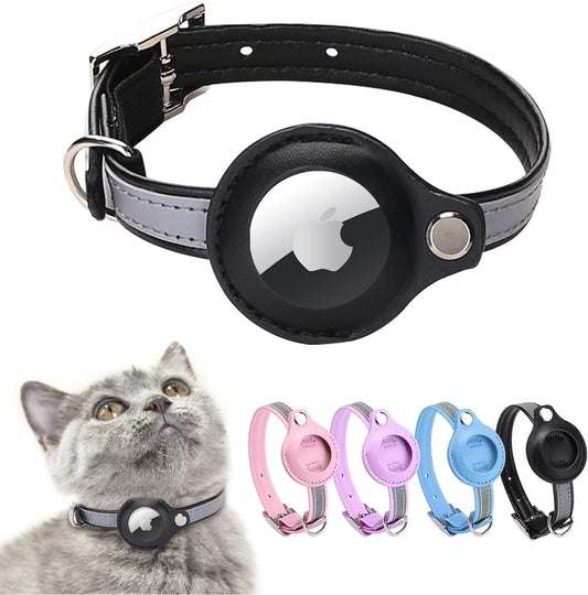 Leather Airtag Cat Collar with Reflective Strip