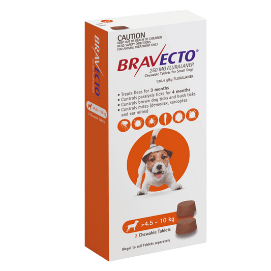 BRAVECTO SMALL DOG ORANGE 250MG >4.5-10KG (2 Chewable Tablets)